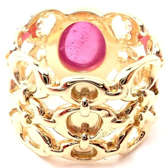 Authentic Christian Dior 18k Yellow Gold Diamond Large Pink Tourmaline Band Ring - Picture 4 of 9